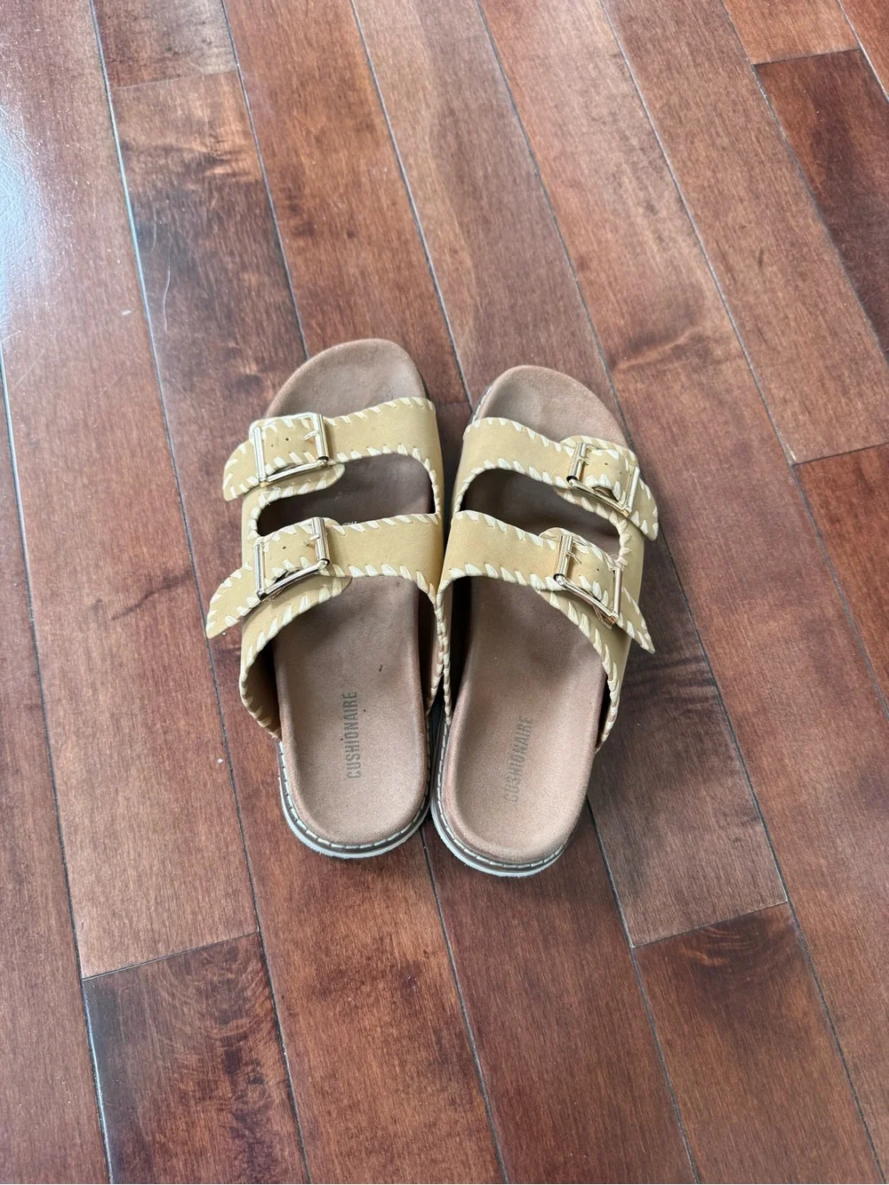Wyatt Women’s Tan Double Buckle Slide Sandals, size 7W
